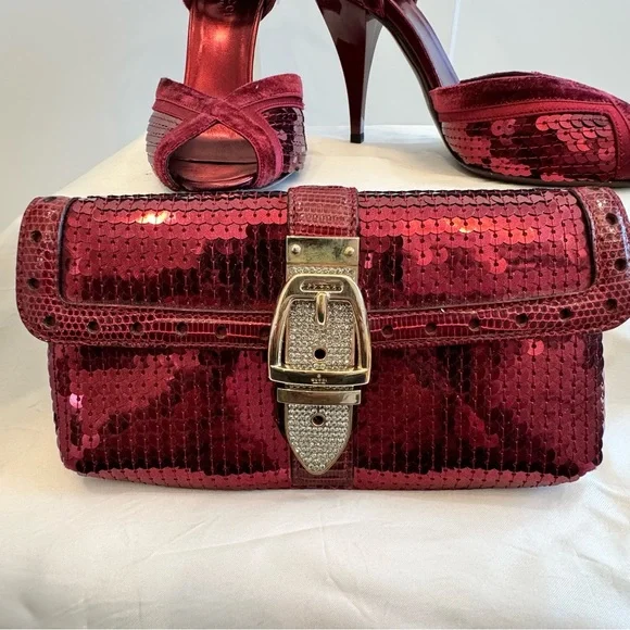 Rare Gucci Broadway Bordeaux Burgundy Velvet Sequins Clutch and Heels Set 6.5 - Picture 2 of 16